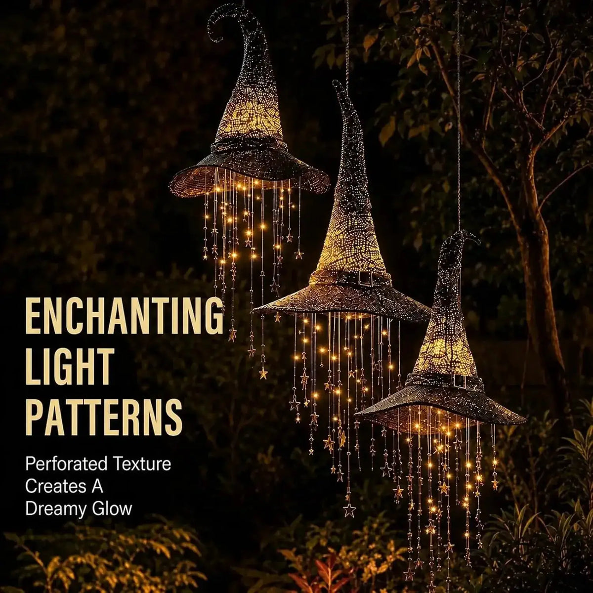 Lighted Witch Hat Hanging Chime | Halloween Outdoor Decor | Mesh Star Cascade