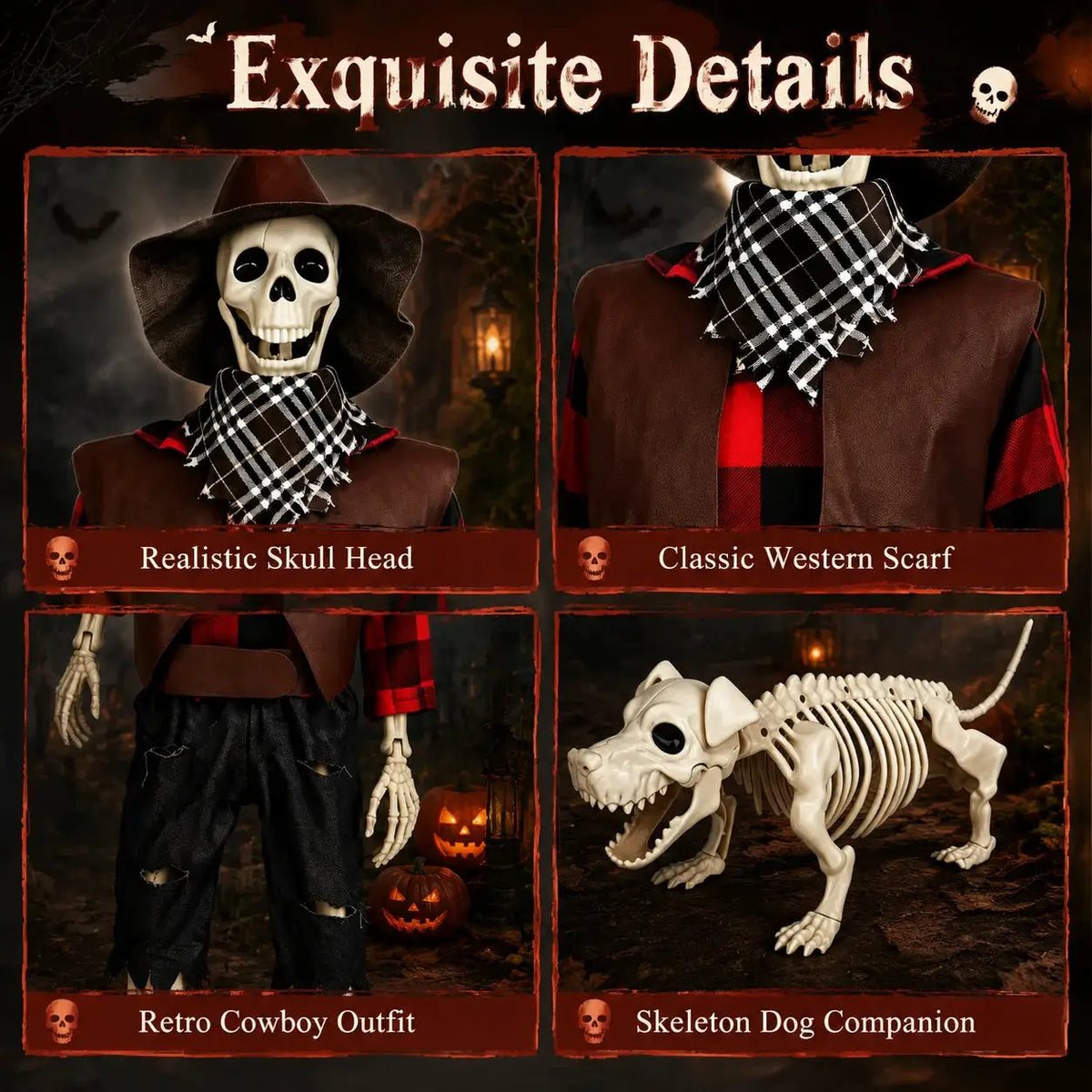 Halloween Skeleton Set | 36 Inch Posable Joints | Plastic | Cowboy Theme