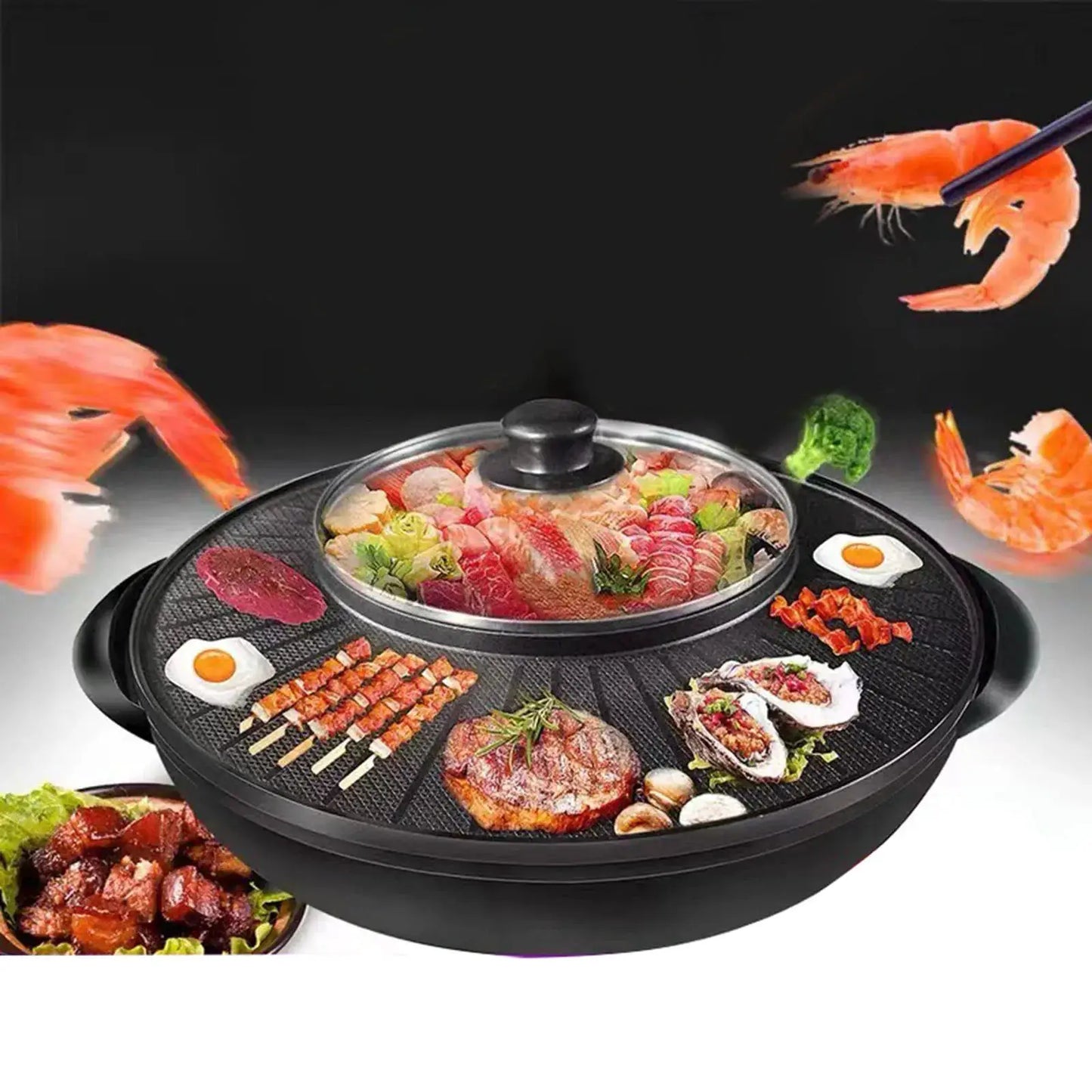 Electric Grill | 2 In 1 Grill With Hot Pot | Nonstick Surface | Portable Round