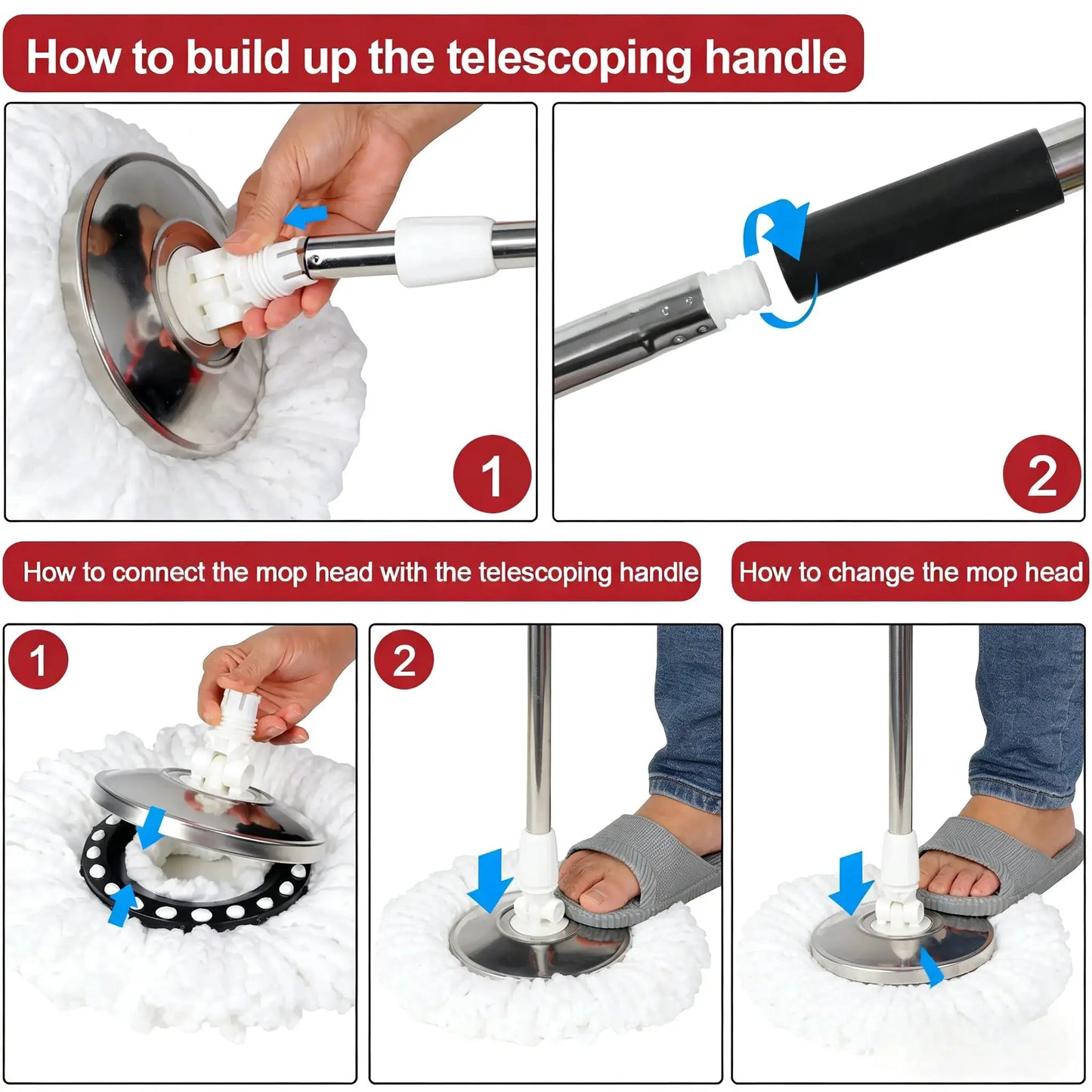 360° Spin Mop and Bucket Set, Self Wringing Floor Cleaning System with 3 Refill Heads, Adjustable Handle for Home Hard Floors from PriceLows™