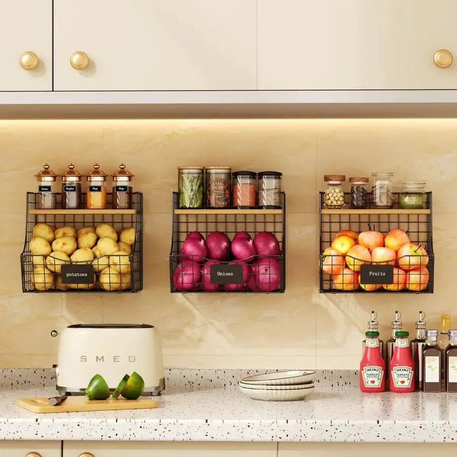 Pack Fruit Basket for Kitchen with Wood Lid CounterampWall Mounted Onion and Potato Storage with Nameplate, Stackable Storage Ba from PriceLows™