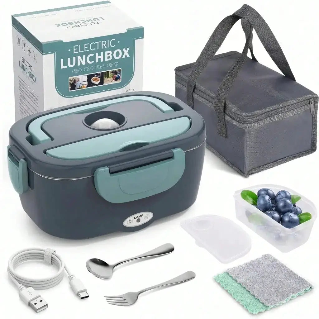 Electric Heating Lunch Box; 1.5L 304 Stainless Steel Dual Compartment Food Warmer, 12V Car Use, Portable Heated Bento Box With Fork, Spoon & Insulated Bag, Viral Must-Have For Office, Travel & Road Trips, Perfect Gift For Com from PriceLows™