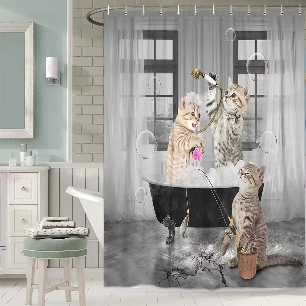Funny Cat Shower Curtain Fun Animal in Bathtub with Fish Cloth Fabric Shower Curtain Hilarious Pet Bathroom Decor Set with Hooks from PriceLows™