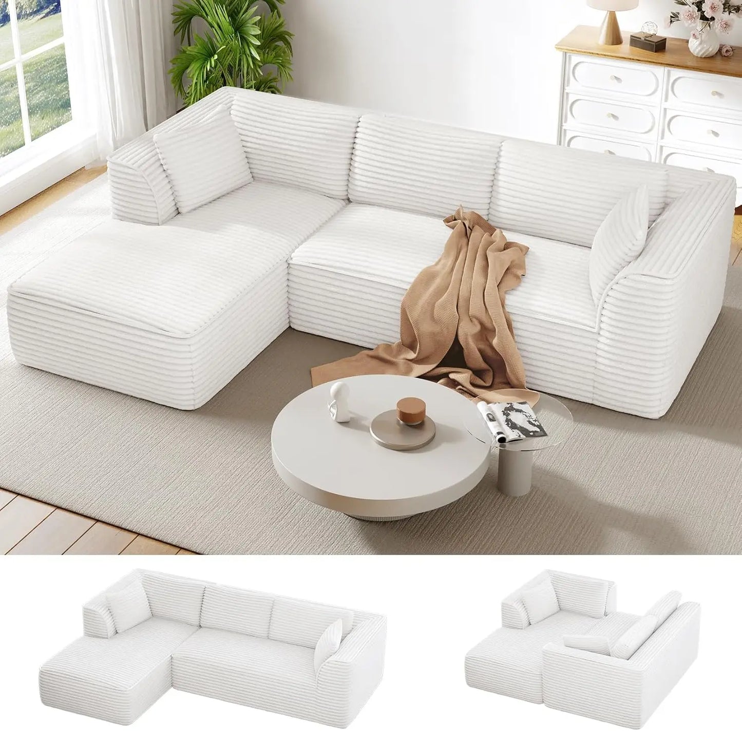 Modular Sofa | L-Shaped With Chaise | Corduroy Fabric