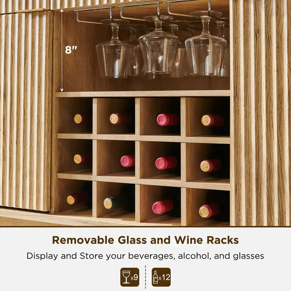 Fluted Wine Bar Cabinet, 60 Wide Modern Buffet Sideboard with Ample Storage 2 Side Cabinets, 3 Drawers, 4 Glass Holders amp 12 from PriceLows™