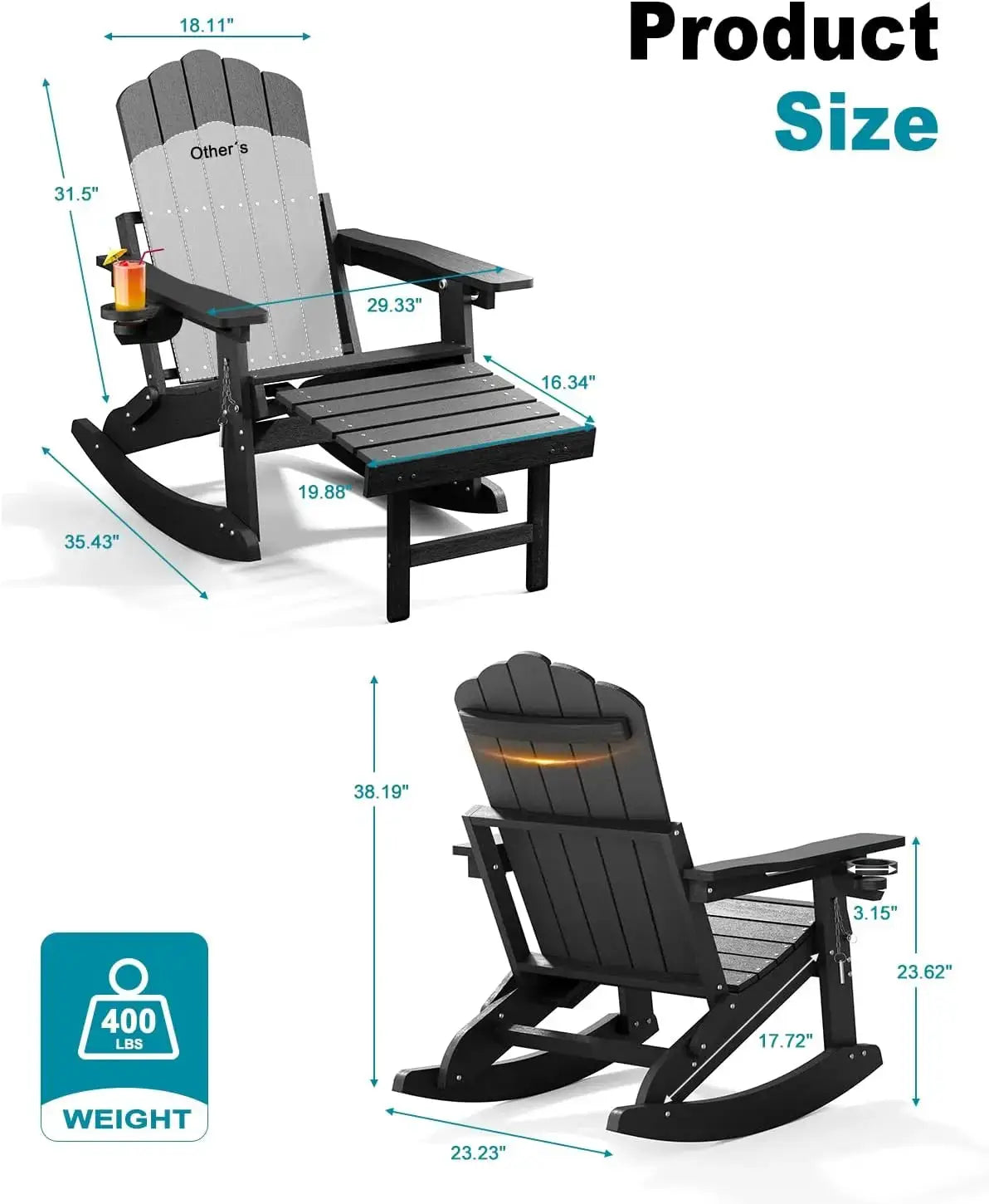 Adirondack Rocking Chairs with Retractable Ottoman & Cup Holders, 6-in-1 Folding HDPE Outdoor Rockers for Patio, Porch, Lawn from PriceLows™