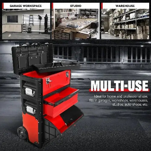 Stackable Tool Box 3-Tier Tool Separate Organizer Rolling Tool Chest with Wheels 3-in-1 Upright Trolley for Garage or Workshop, from PriceLows™