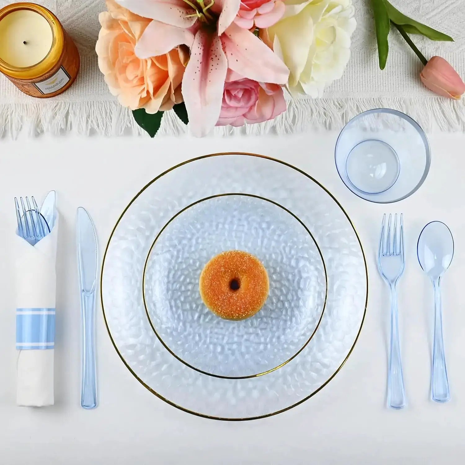 175PCS Gold and Blue Plastic Dinnerware Set – Clear Blue Disposable Plate with Gold Rim Include Dinner Plates, Dessert Plate from PriceLows™