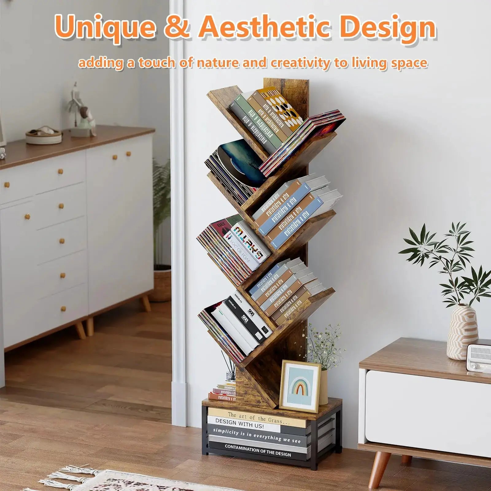 Tree Shaped Bookshelf 6 Tier Rustic Wooden Bookcase With Metal Base For Living Room Bedroom Office from PriceLows™