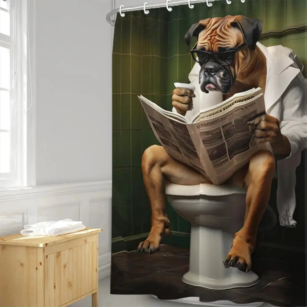 Funny Boxer Dog Bath Shower Curtain,Cute Dogs Reading Newspaper on Toliet Bathroom Curtain Washable Cloth Kids Shower Curtain from PriceLows™