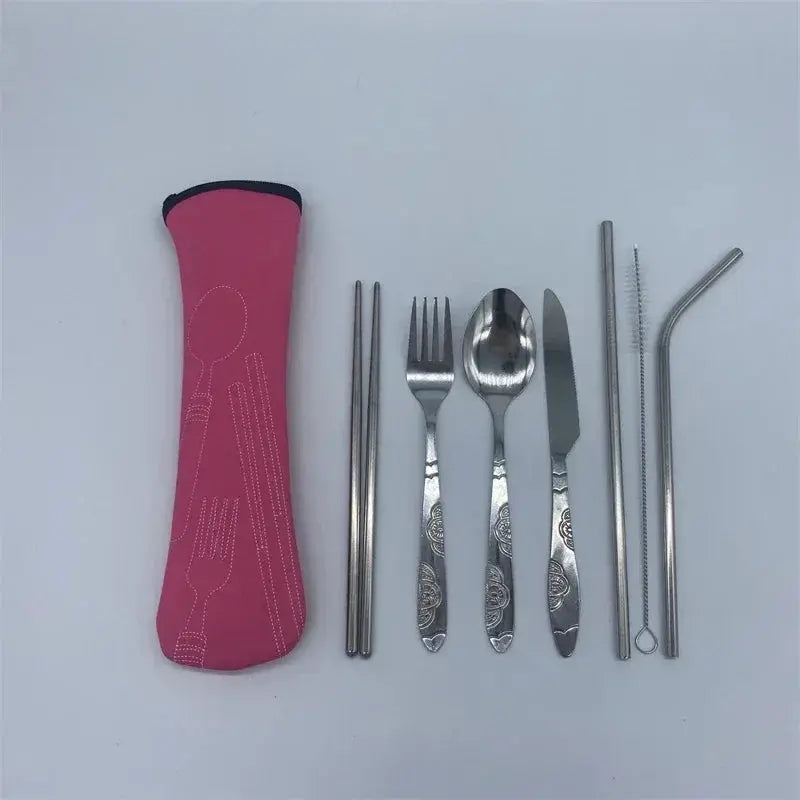 7/3 Pcs Stainless Steel Outdoor Camping Tableware Set Of Pieces Western Food Steak Knife Fork Spoon Creative Cloth Bag Portable from PriceLows™