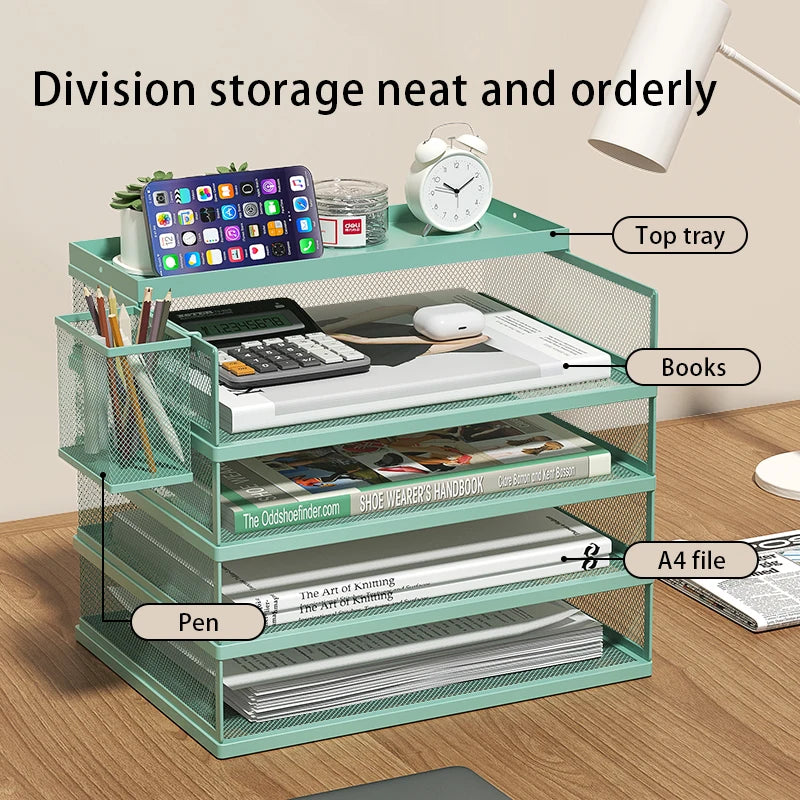 Stackable Letter Tray | 4-Tier | Green Metal | Pen Holder Included