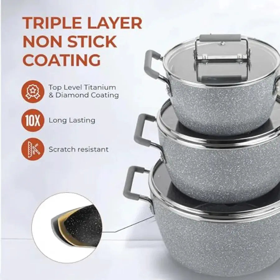 Gray Pots and Pans Set Nonstick 6 Stackable Piece Cooking Pots Set Kitchen Pots Non Stick Coating 5qt 3qt and 1.5qt Pots with L from PriceLows™