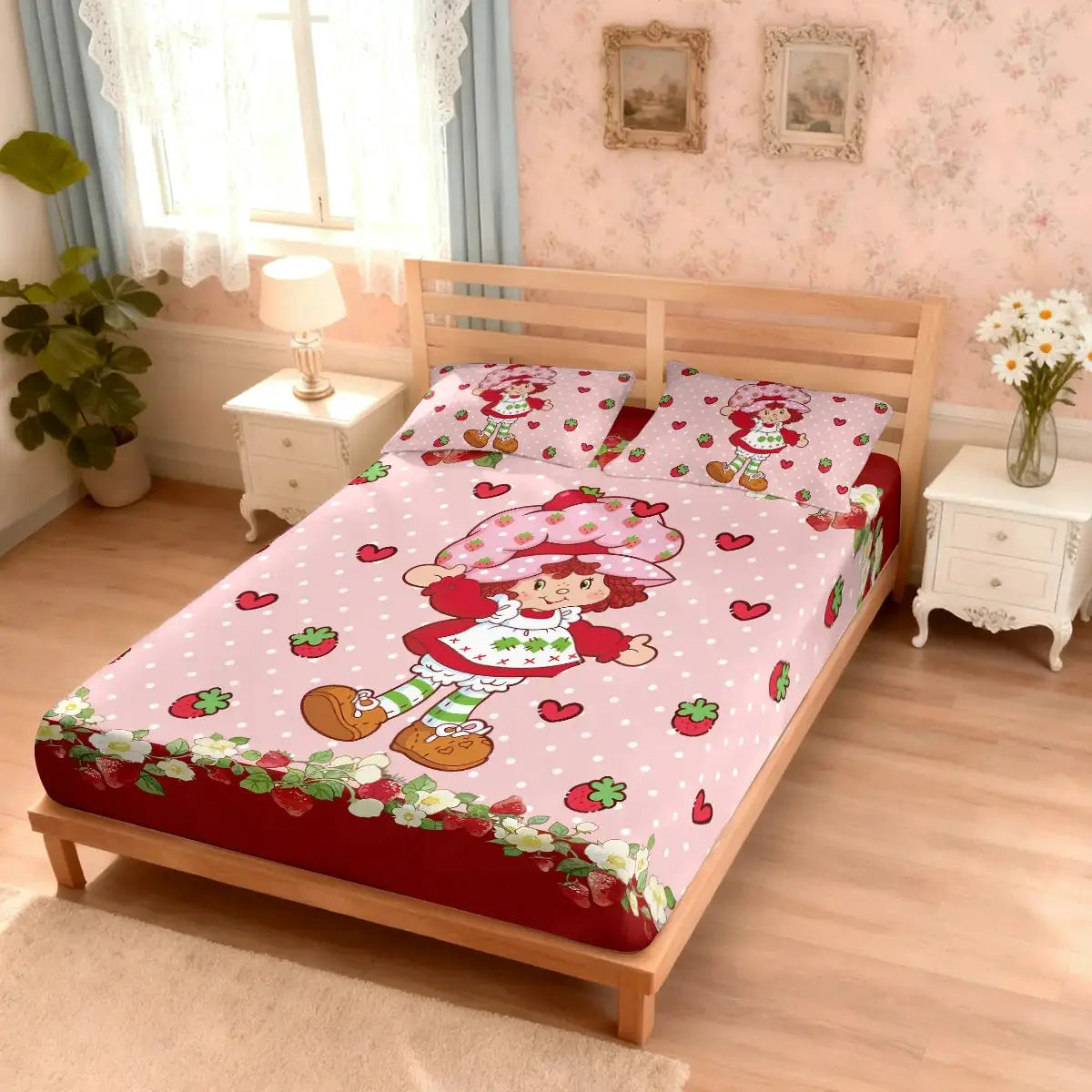 3pcs Pink Strawberry Girl Printed Chipless Bed Sheet Set Multi Size Soft Bed Cover Bedroom Bedding Decoration from PriceLows™