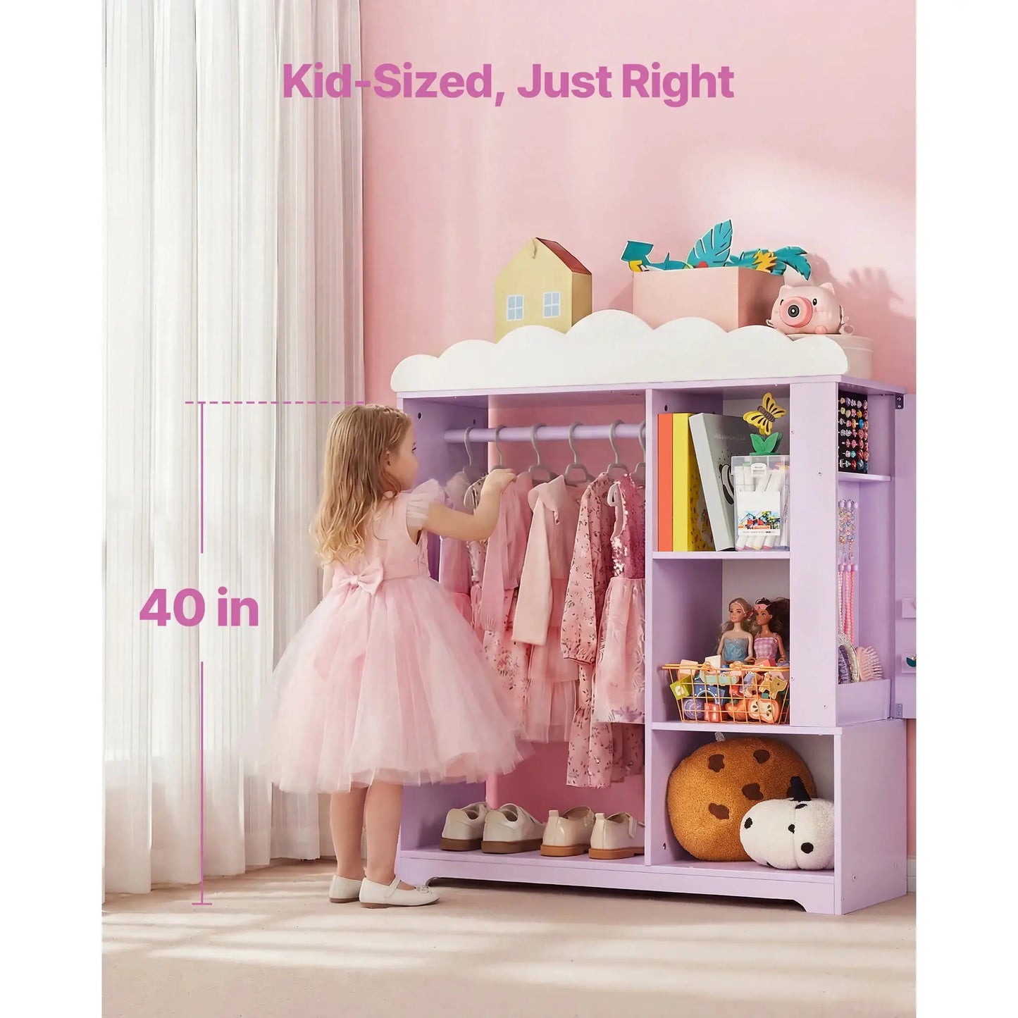 SucceBuy Kids Dress Up Storage Jewelry Dress Up Closet with Mirror & Shelves Princess Costumes Wardrobe Closet for Girls Bedroom from PriceLows™
