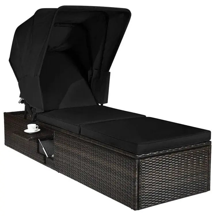 Rattan Reclining Chaise Lounge Chair Outdoor Patio Black Cushions Folding Canopy from PriceLows™