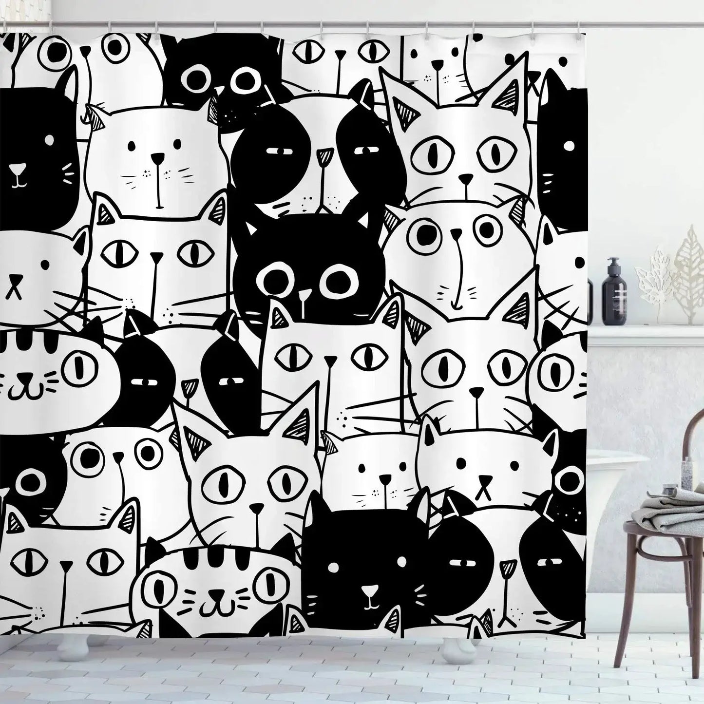 Cute Cat Pattern Shower Curtain - Fun Cartoon Design for Playful Bathroom Décor, Waterproof, Easy Care & Soft Fabric from PriceLows™