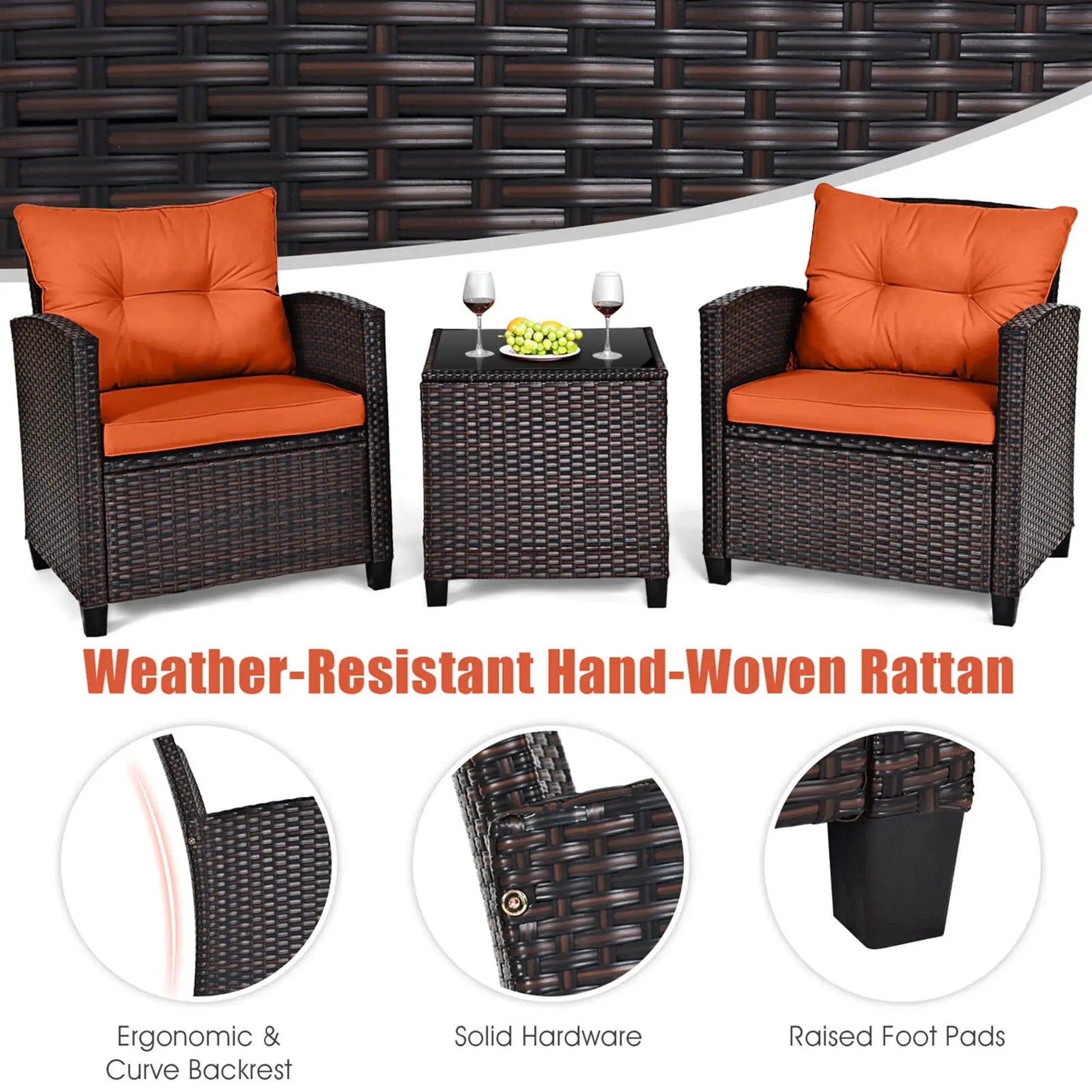 3 PCS Patio Rattan Furniture Set Cushioned Conversation Set Sofa Orange from PriceLows™