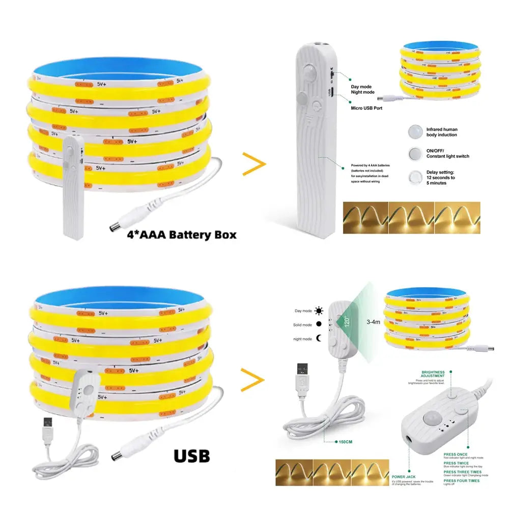 8MM COB LED Strip Light 5V 320LEDs/M Motion Sensor Dimmable Flexible LED Tape Ribbon USB/Battery Powered DIY Backlight for Room from PriceLows™