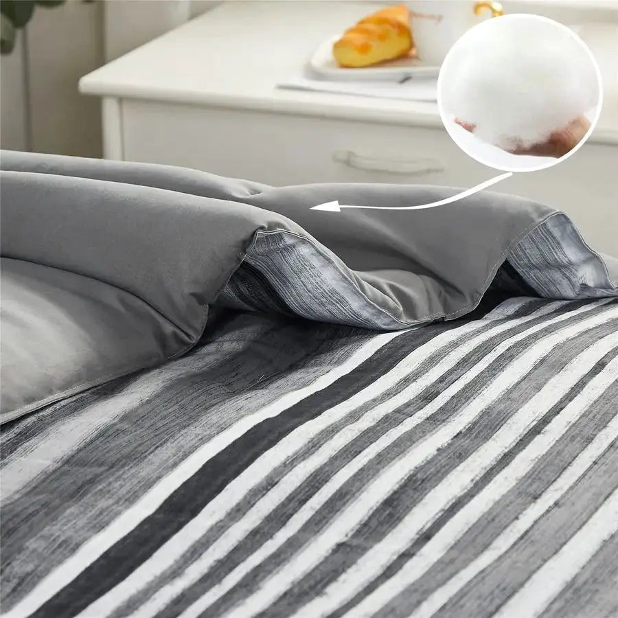 7 Piece Bed in a Bag Stripe Comforter Set Queen Size, White Grey Black Patchwork Striped Comforter and Sheet Set, All Season Sof from PriceLows™