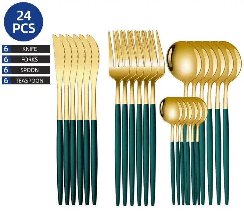24Pcs Black Handle Golden Cutlery Set Stainless Steel Knife Fork Spoon Tableware Flatware Set Festival Kitchen Dinnerware Gift from PriceLows™