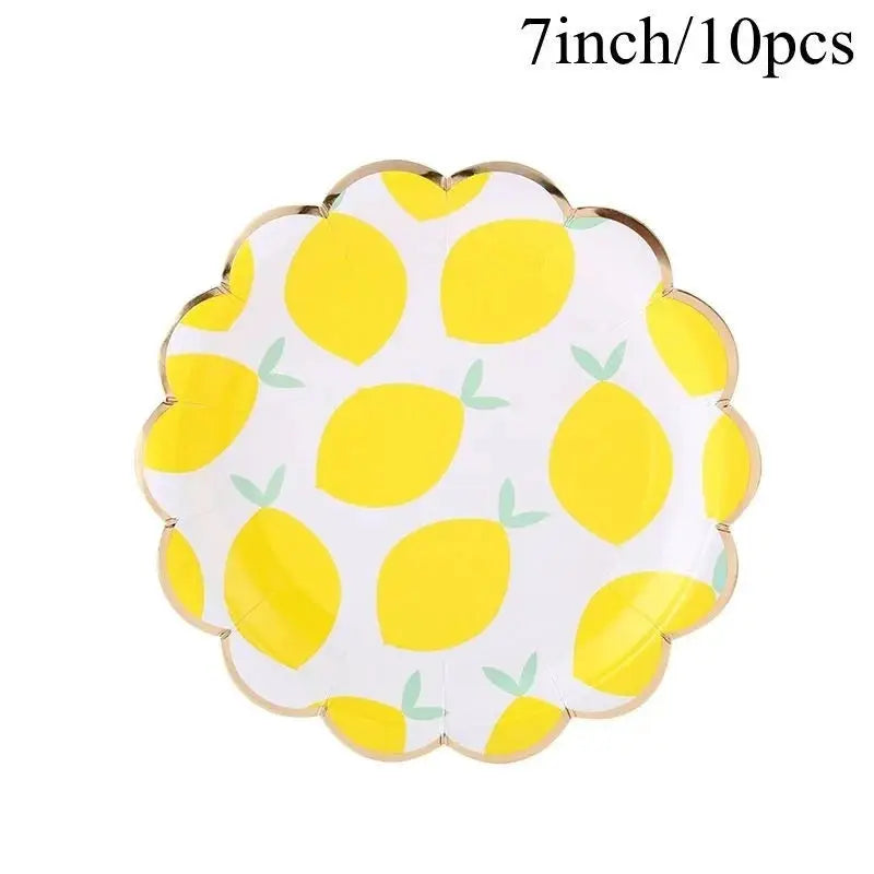 Lemon Disposable Party Tableware Set | Brown Paper Cups Plates Cake Toppers