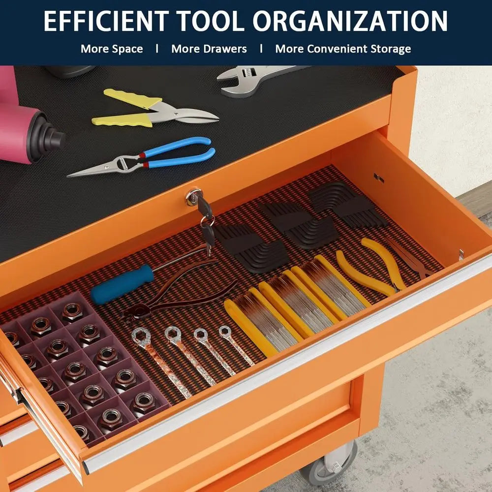 Orange 5-Drawer Metal Rolling Tool Chest with Lockable Cabinet and Wheels for Garage, Workshop, and Repair Shop Storage from PriceLows™
