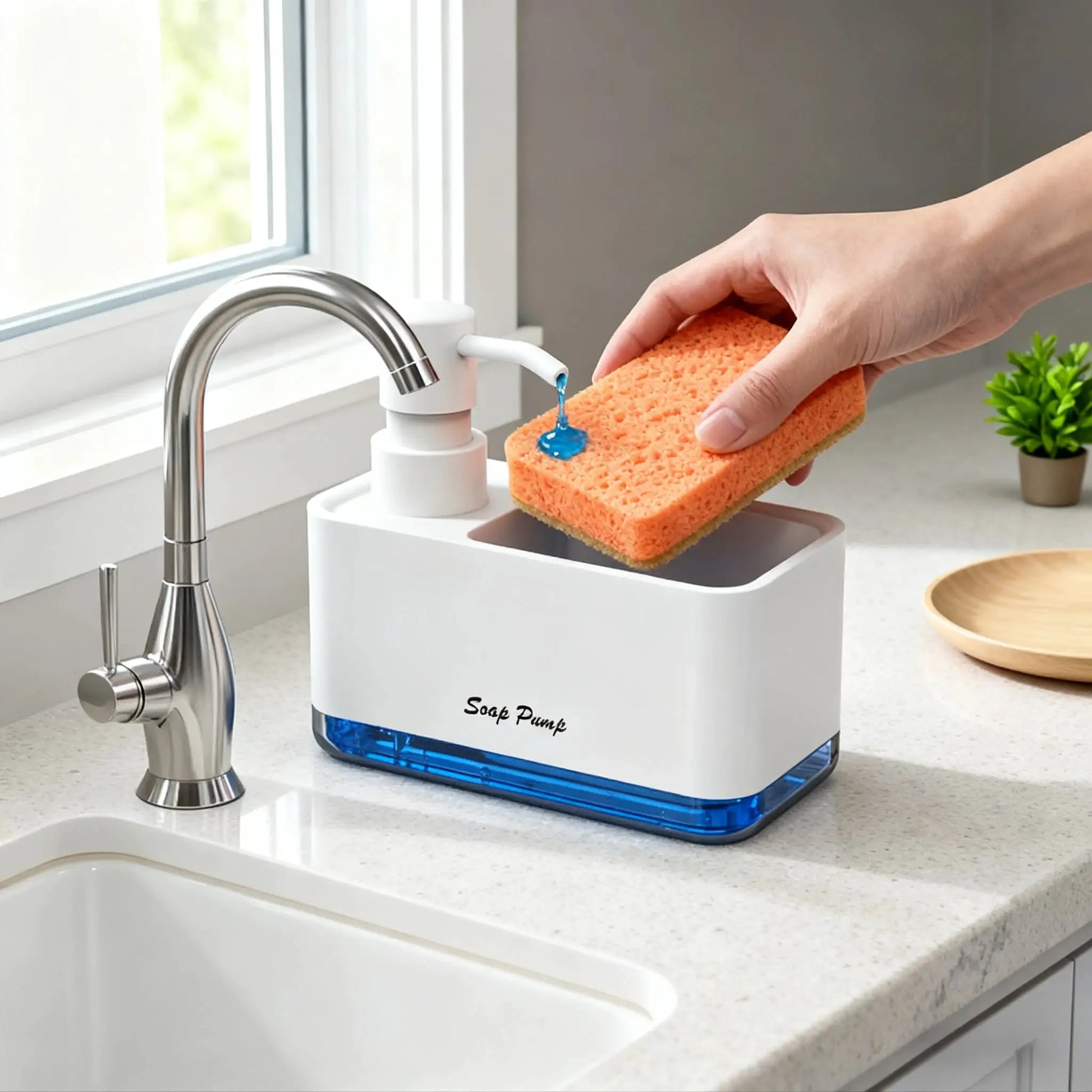 Kitchen dish soap dispenser with sponge holder, kitchen liquid soap dispenser with sponge storage from PriceLows™