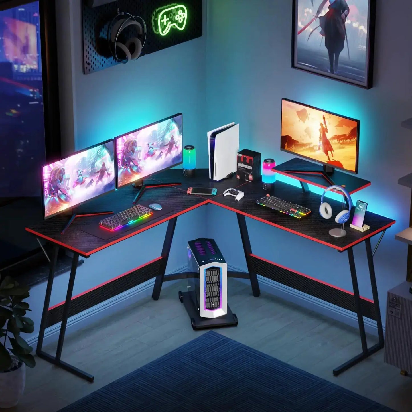 L Shaped 51 Inch Gaming Desk Corner Computer PC Gaming Writing Workstation with Monitor Stand for Home Office, Sturdy & Easy from PriceLows™