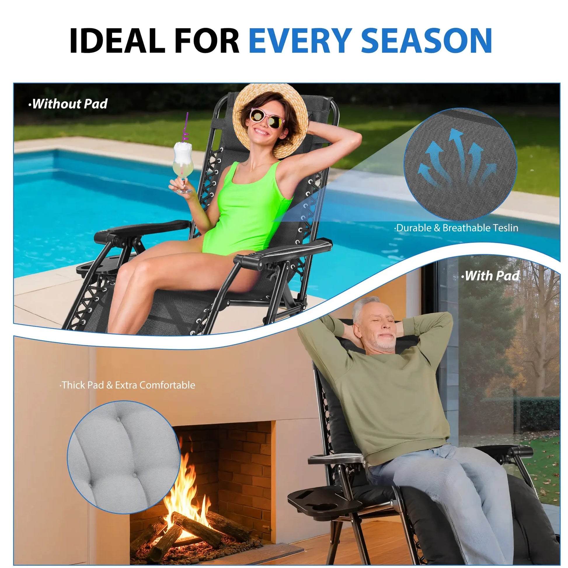 MCQ Zero Gravity Cushioned Lounge Chair Outdoor Folding Camping Padded with Cup Holder Cooler Bag Heavy Duty Chair for Garden from PriceLows™