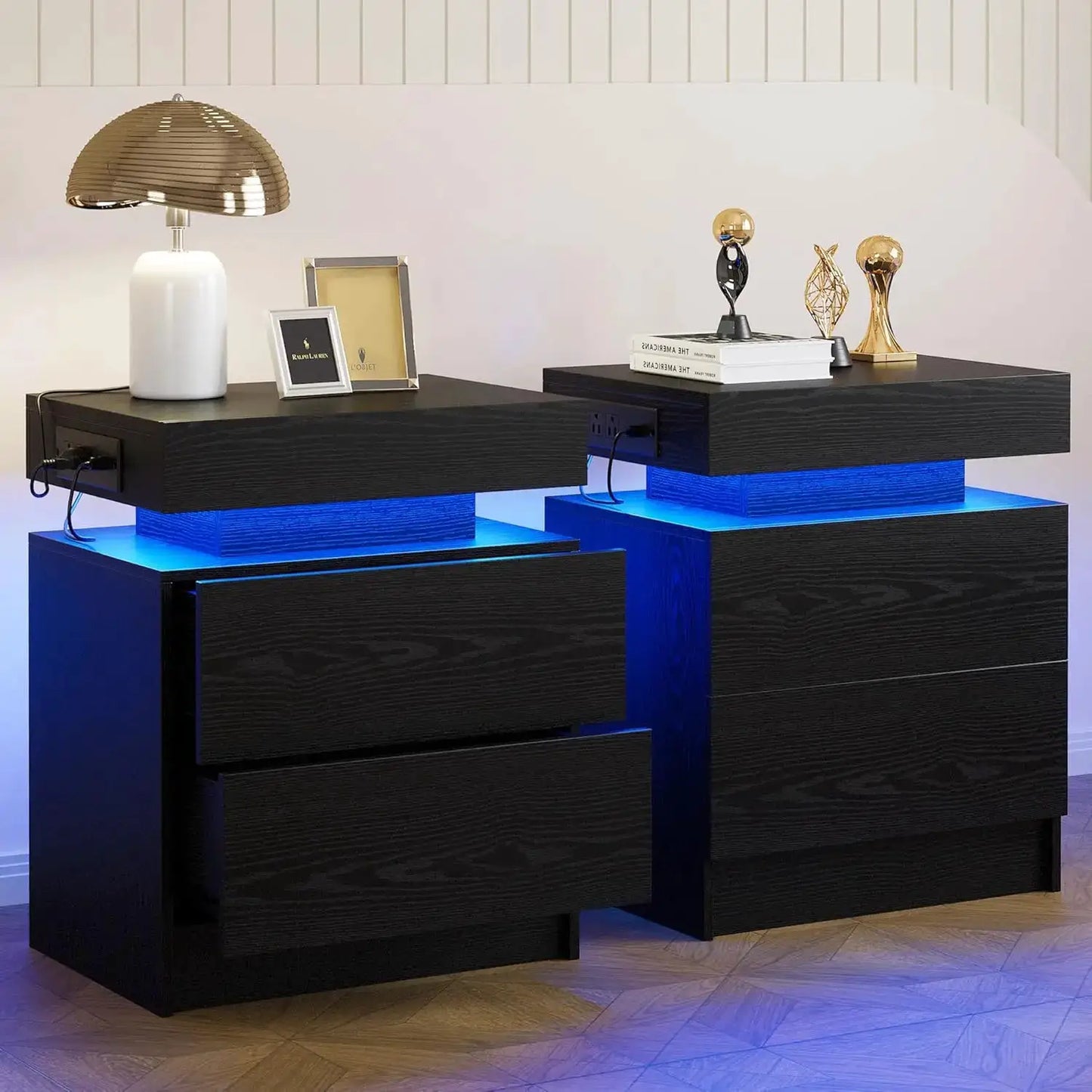 Modern Nightstand Set of 2 with Charging Station & LED Light, Bedside Tables for Bedroom from PriceLows™