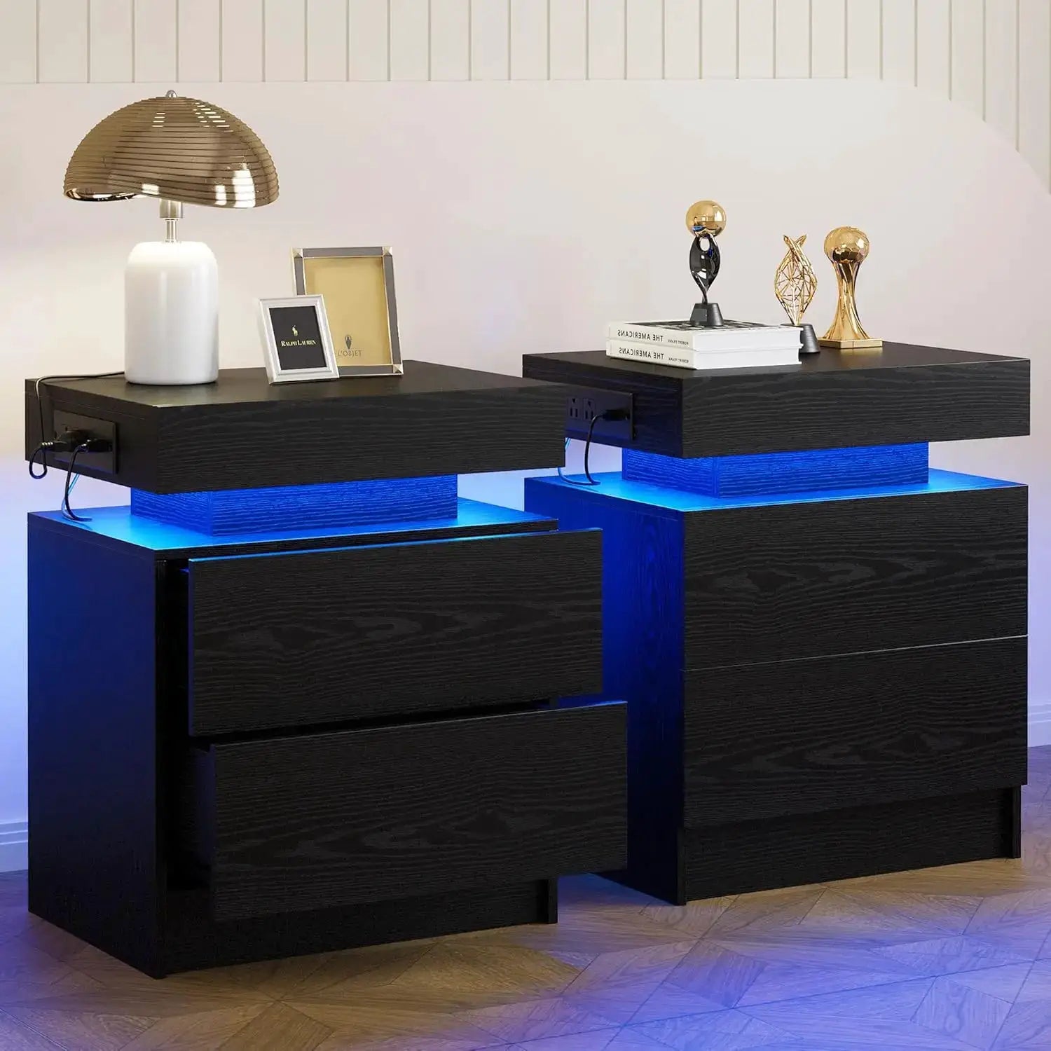 Modern Nightstand Set of 2 with Charging Station & LED Light, Bedside Tables for Bedroom from PriceLows™