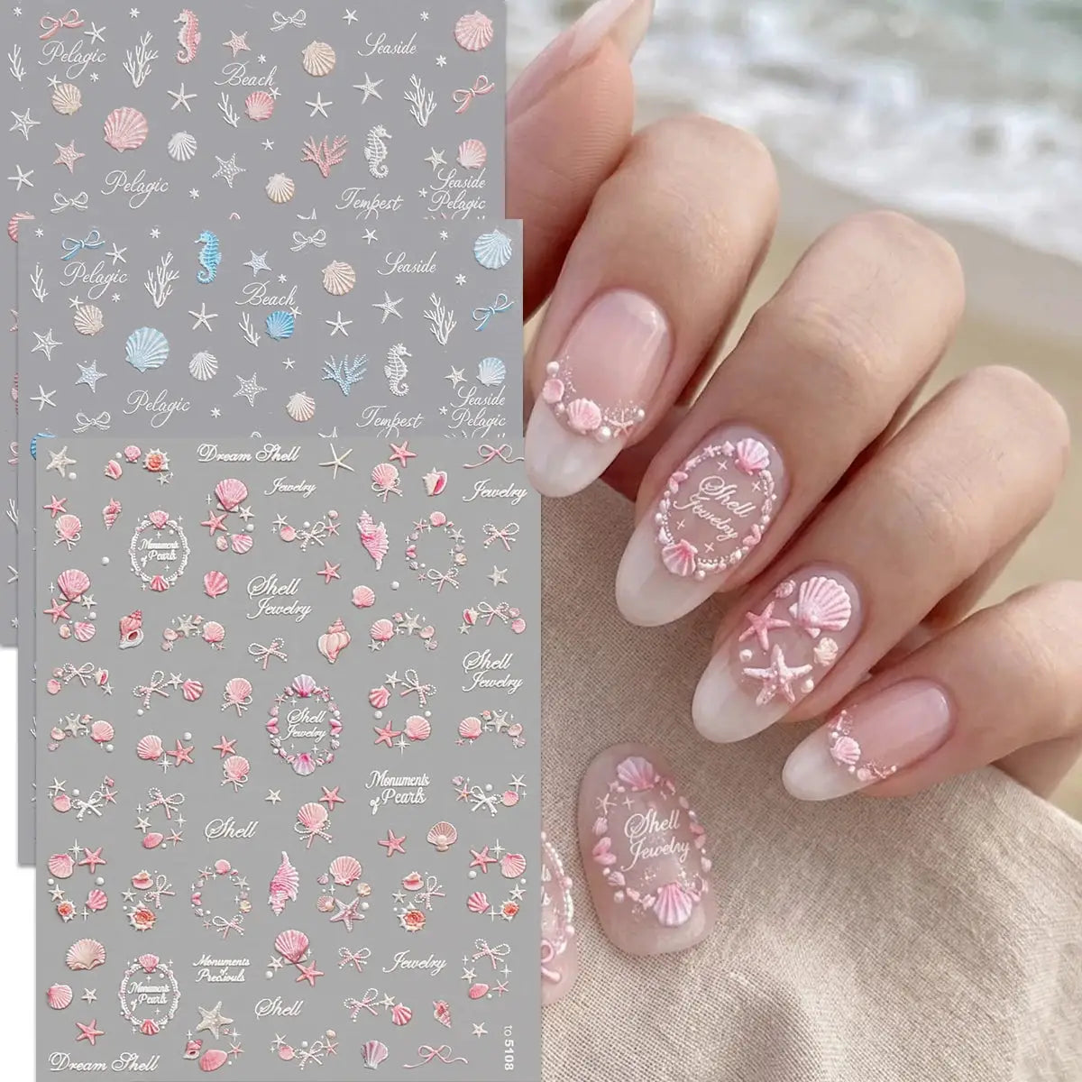 Aurora Ocean Shell Nail Stickers - Summer Beach 3D Relief Sea Star Seahorse Decals - Spring Vacation Nail Tech Supplies from PriceLows™