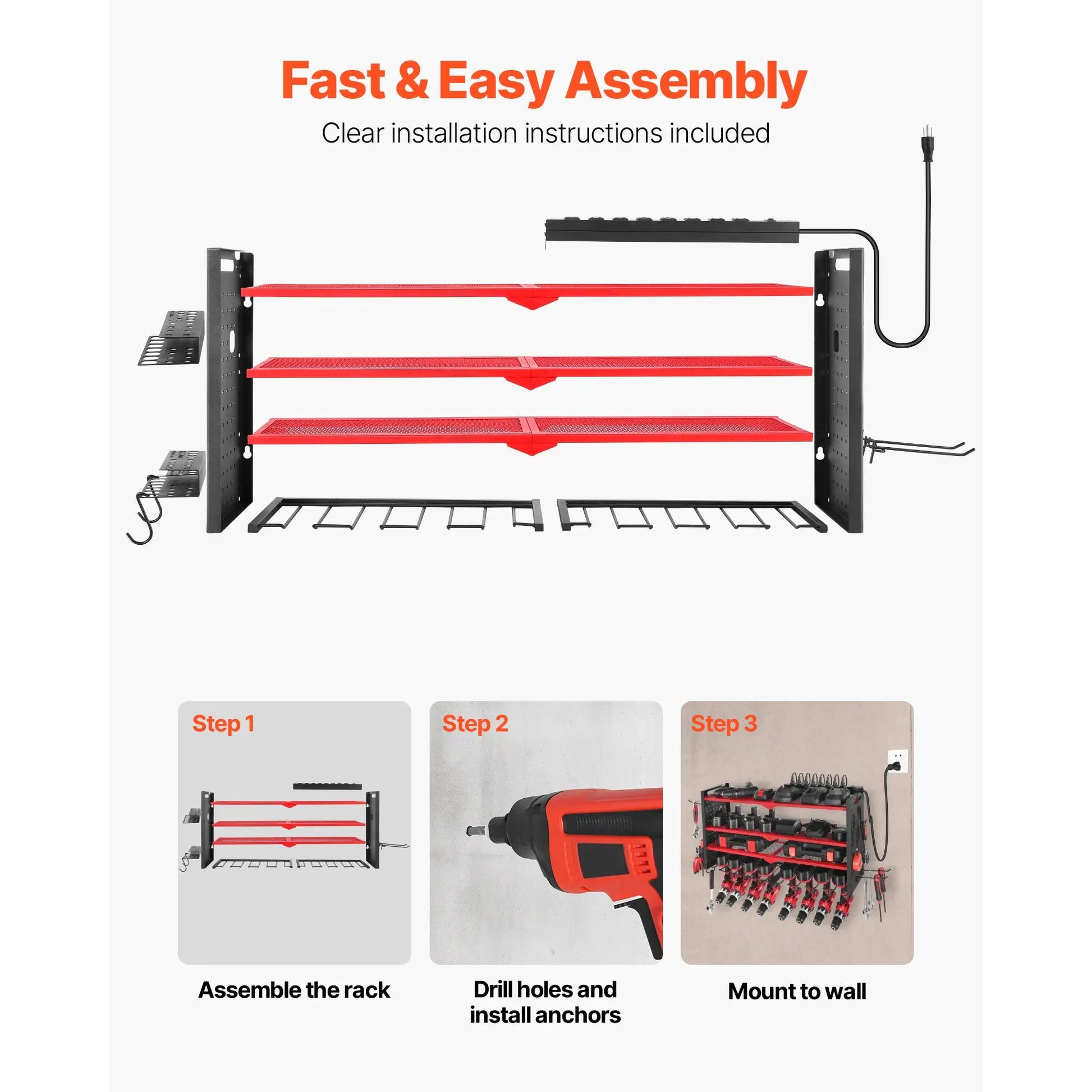 SucceBuy 4 Tire Power Tool Organizer Tools Holder with Charging Station & Side Pegboard Drill Storage Rack for Garage Workbench from PriceLows™