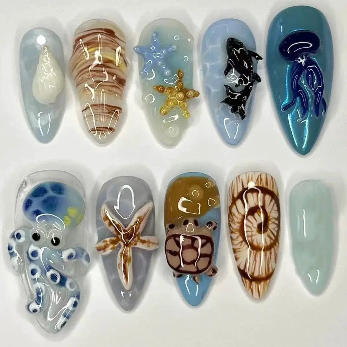 Press On Nails | 3D Seashell Design | Almond Shape | 24 Piece Set
