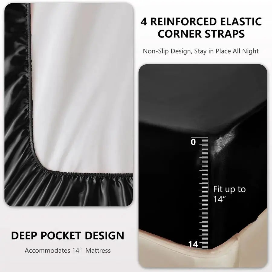 Satin Sheets King Size Sheet Set 4 Piece Silky King Sheets, Luxury Black King Bed Set with Smooth and Soft Microfiber, Includes from PriceLows™