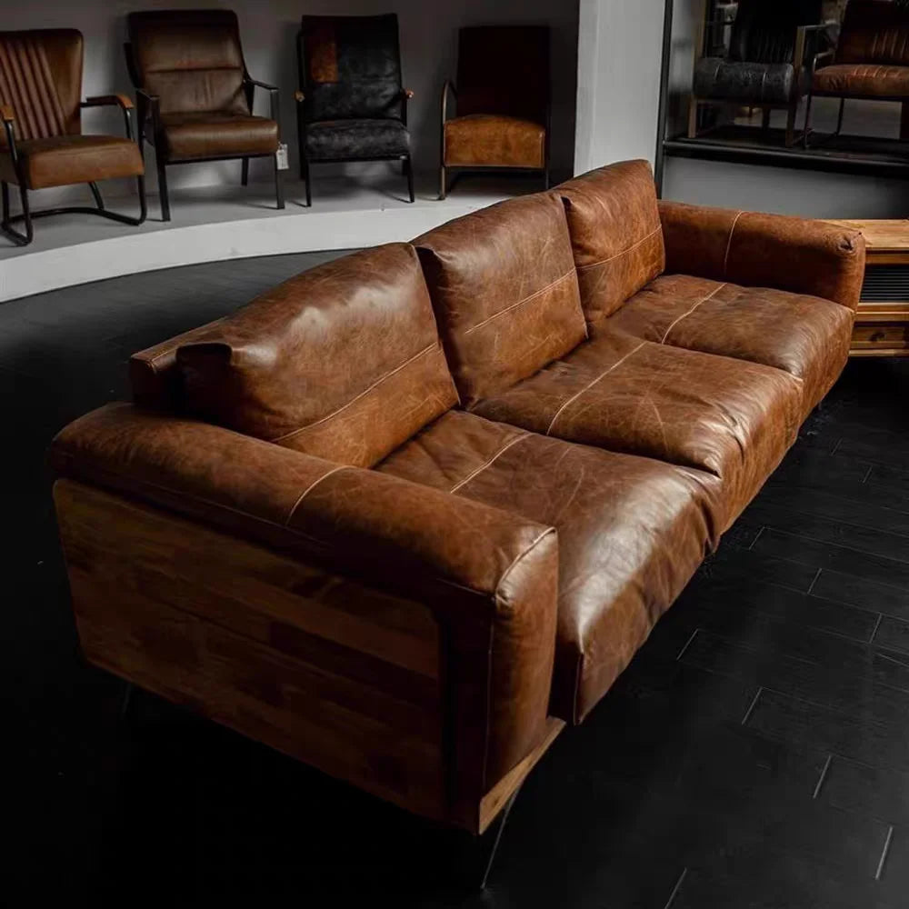 Leather Sofa | Oil-Waxed Genuine Leather | Solid Wood Frame | Modular Villa Sofa