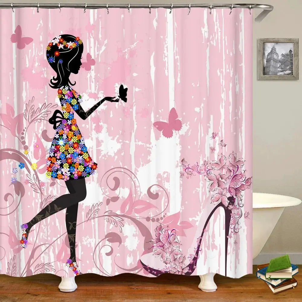 Pink Flower Butterfly Girls Shower Curtains Bathroom Curtain Fabric Waterprood Polyester For Bath Decor Bath Curtain With Hooks from PriceLows™