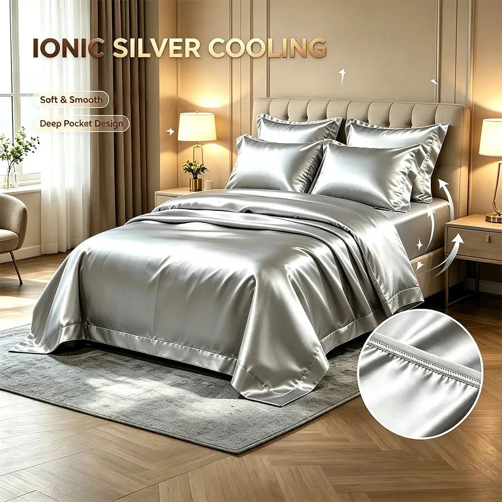 Bed Sheet Set | Pure Bamboo Fiber | Cooling Satin | Silver Grey