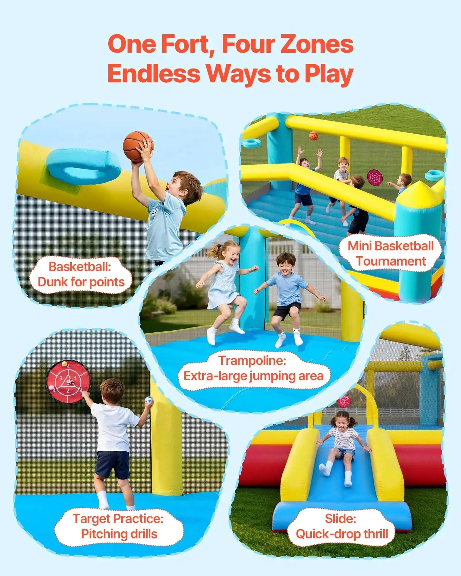 Inflatable Bounce House, 14.7 x 13.8 x 6.8 ft Jumping Bouncy Castle, Inflatable Jumper for Kids with Slide, Basketball Hoop, from PriceLows™
