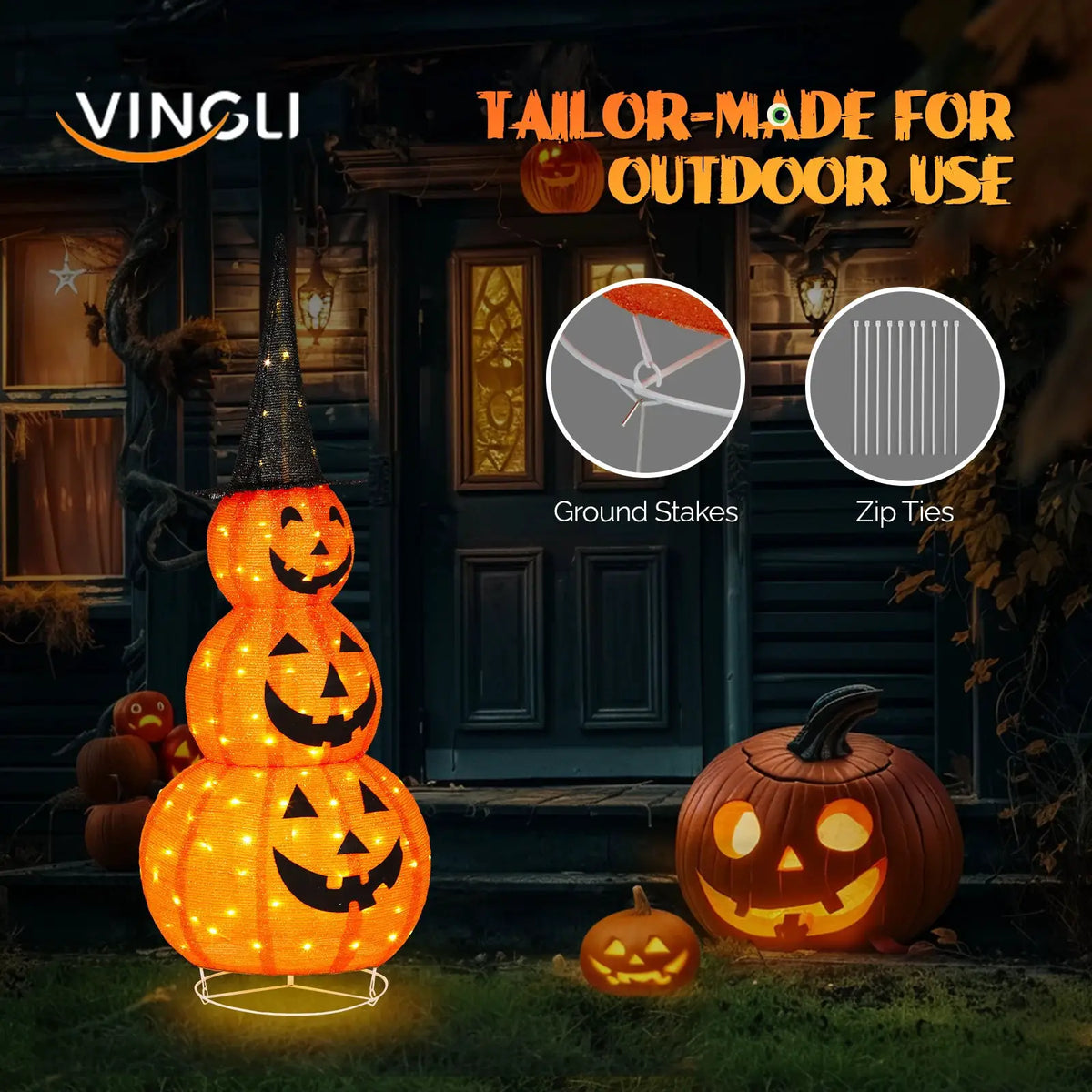 Halloween Pumpkin Decor | 5 Ft Height | 100 LED Lights | Foldable Witch Hat
