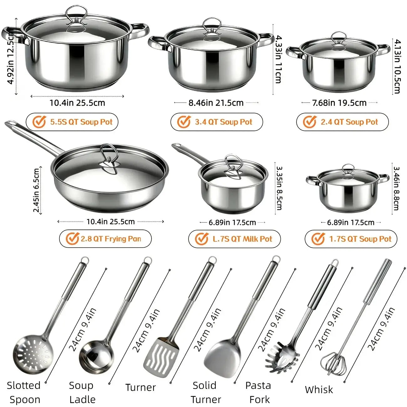 Cookware Set with Lids - 12pcs Stainless Steel Kitchen Cookware Set, Includes 6 Pots, 6 Bowls,5 Lids, 6 Utensils,Dishwasher Safe from PriceLows™