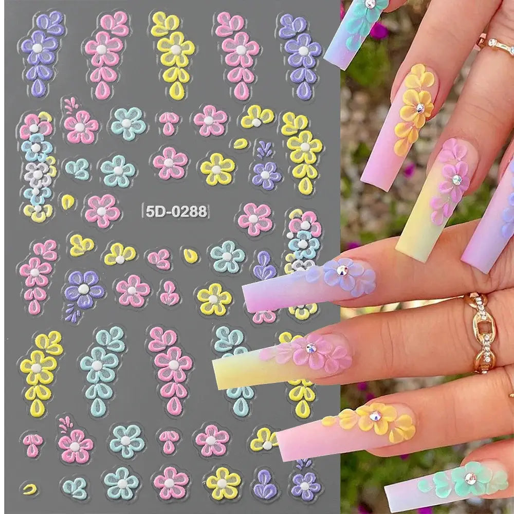 5D Pink Blue Floral Nail Art Stickers Petals Leaf Plant Embossed Nail Decals Spring Summer Flower Design for DIY Nail Supplies from PriceLows™