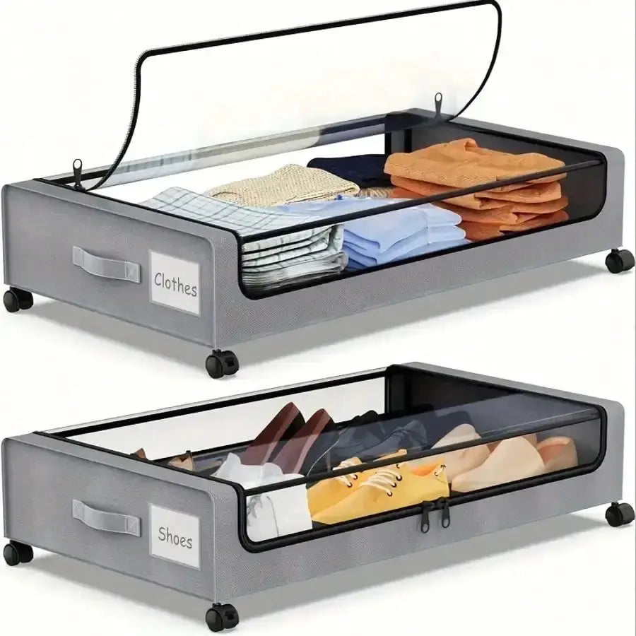 Under Bed Storage | Rolling Wheels | Black Fabric Clear Zip Lid | 2 Pack