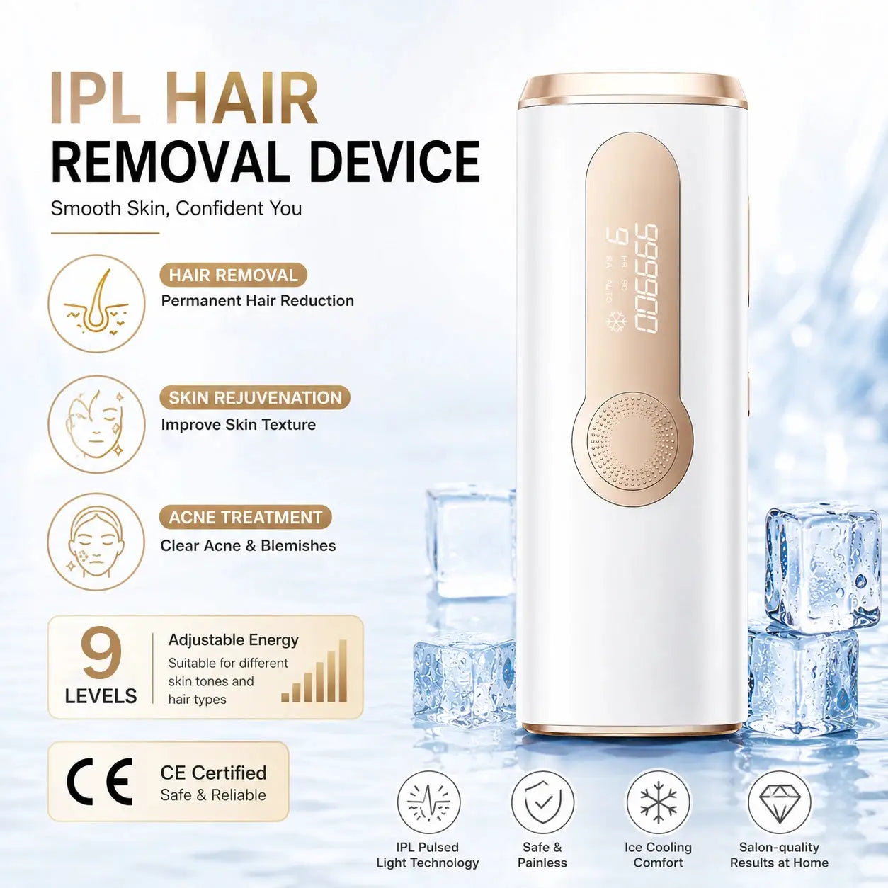 Ipl Hair Removal Device | 90 Minute Battery | Ice Cooling Nozzle | Face And Body