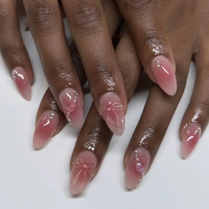 Reusable Press On Nails | Almond Cut | Blush Diamonds Sweetheart Bows | 24 Pcs