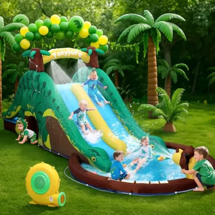 Inflatable Water Slide with Splash Pool for backyard use, PVC material, blue-green color, dual slides and bounce house combo wi from PriceLows™