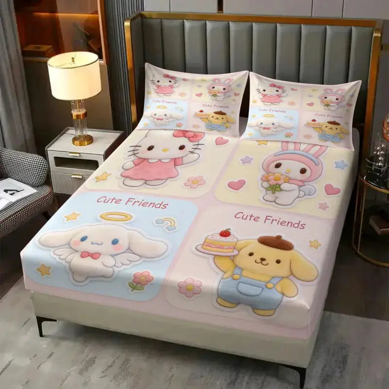 Sanrio Hello Kitty My Melody Cinnamoroll Pompompurin Fitted Sheet Set Kawaii Cute Cartoon Bed Sheet Pillowcases for Girl Bedroom from PriceLows™