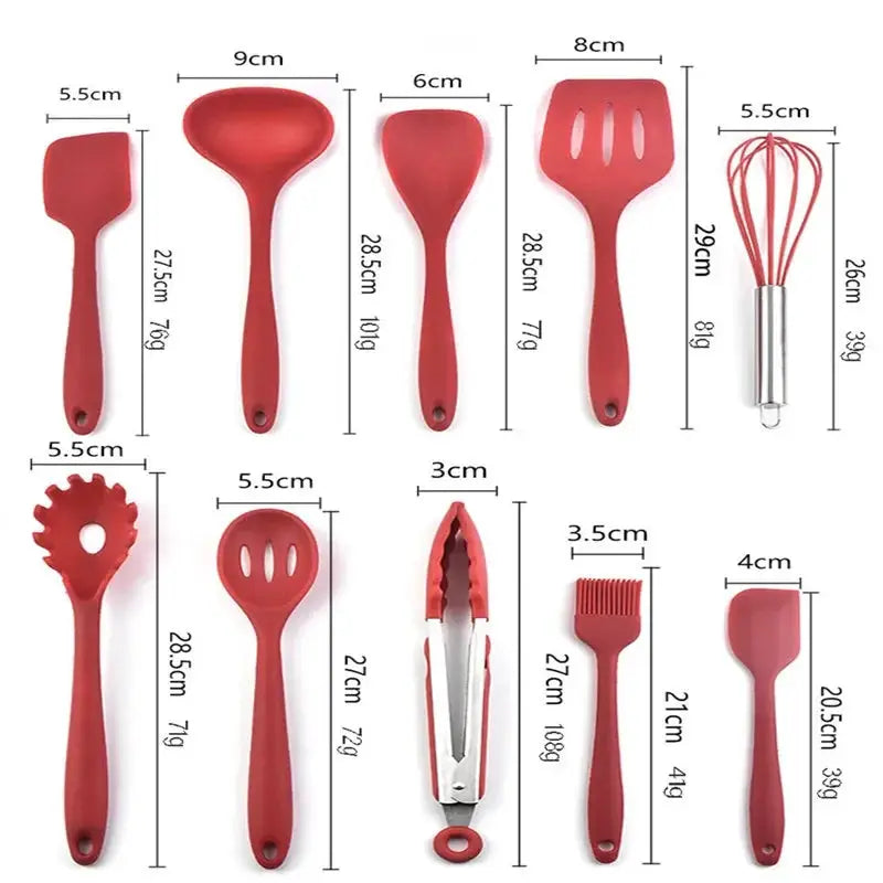 10 Pcs/Set Silicone Kitchen Utensils Set Non-Stick Silicone Tong Spoon Spatula Pasta Server Whisk Ladle Strainer Cooking Tools from PriceLows™