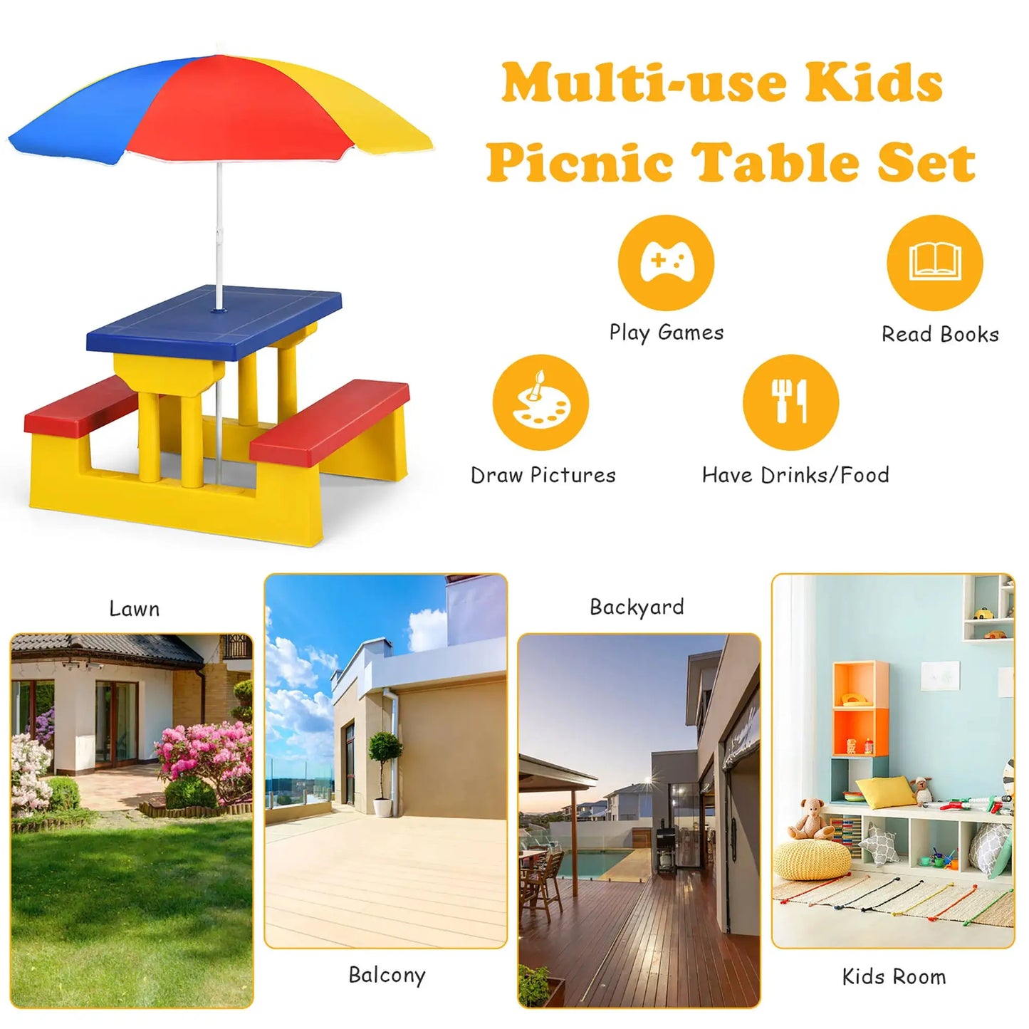 Kids Picnic Table Set W/Removable Umbrella Indoor Outdoor Garden Patio from PriceLows™